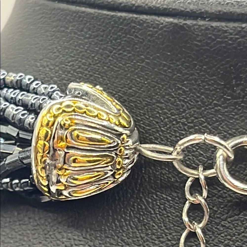 Elegant Black Beaded Necklace with Gold and Silver tone Pendant with Quartz